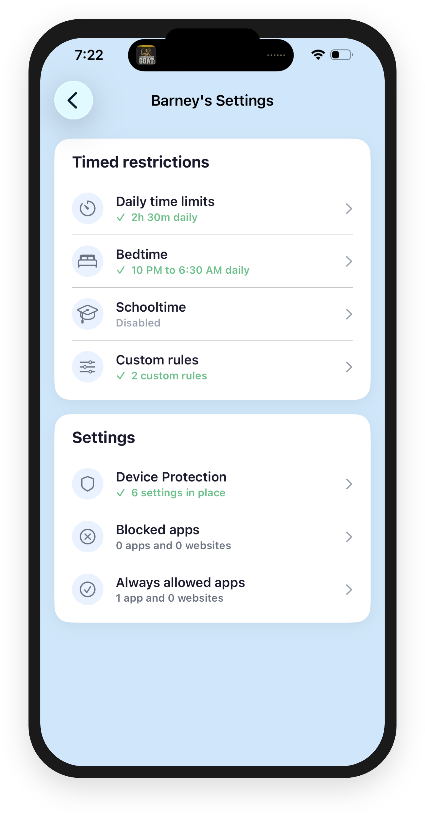Child settings showing timed restrictions, device protection, and blocked apps