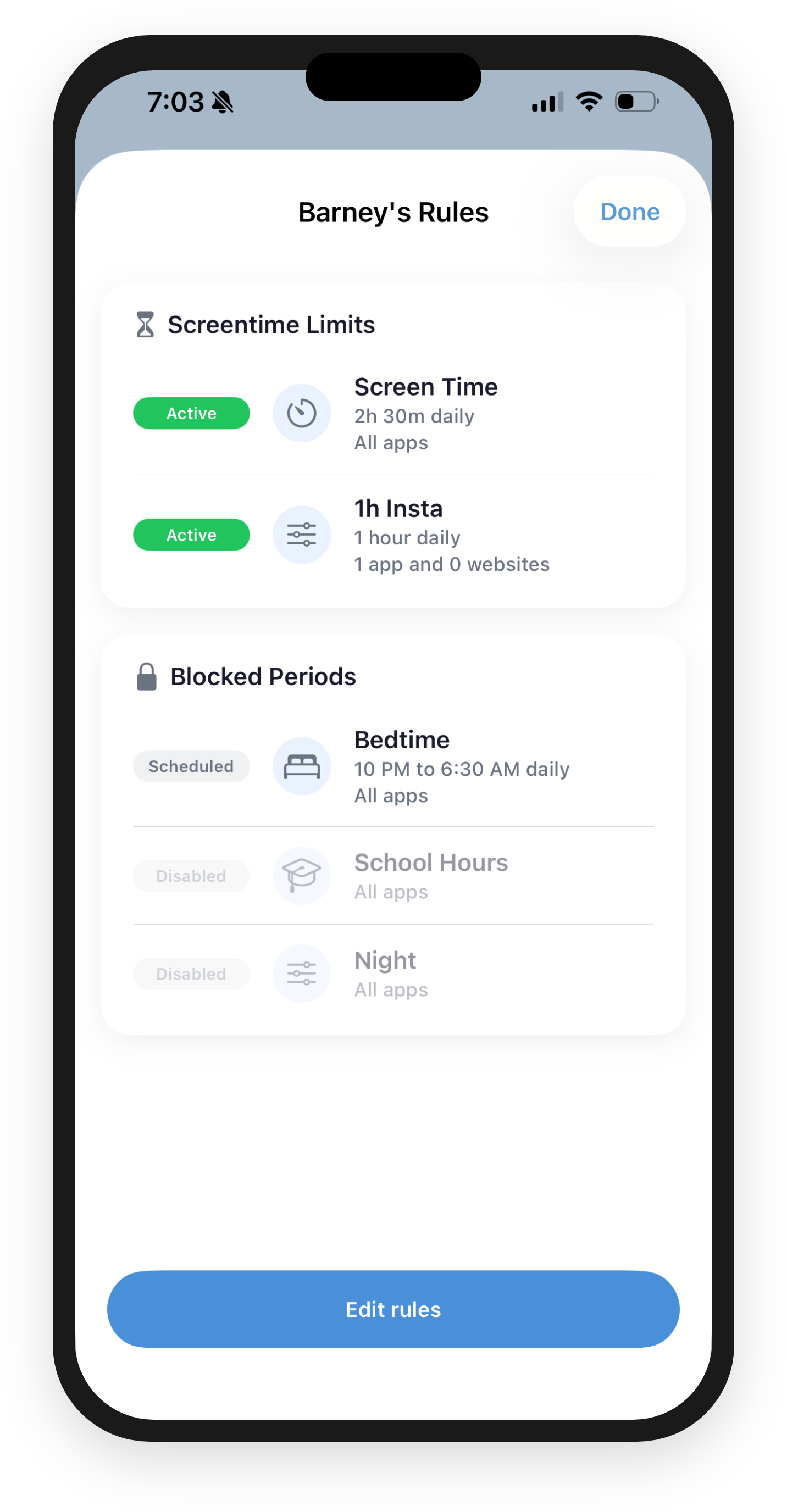 Barney's Rules showing screentime limits and blocked periods